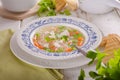 Spring chicken soup noodles, vegetable and toast Royalty Free Stock Photo