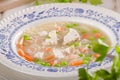 Spring chicken soup noodles, vegetable and toast Royalty Free Stock Photo