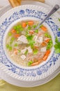 Spring chicken soup noodles, vegetable and toast Royalty Free Stock Photo