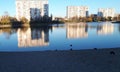 Spring in the city. Blossoming tree branches on the background of the lake and urban high-rise buildings, bedroom area. Harmony