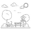 Spring city landscape with bench, bicycle in central park. Vector illustration. Line art.