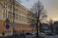 Spring city landscape: a new classic building, Pervomayskaya street 17, illuminated by sunset light.