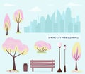 Spring city park elements. Urban outdoor decor: bench, lamps, trash box, trees and bushes, city silhouette. For construction of