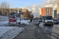 Spring is in the city. View of the public transport stop. City of Balashikha, Moscow oblast, Russia