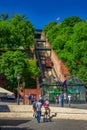 Spring cityscape of Budapest with old funicular rail on Buda Castle Hill Royalty Free Stock Photo
