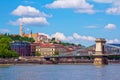 Spring cityscape with Danube River, chain bridge, historic architecture