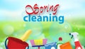 Spring cleaning background nature. Services cleaning. Poster or banner with soap bubbles and tools for cleanliness and