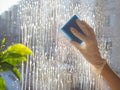 Spring cleaning - cleaning windows. Women`s hands wash the window, cleaning Royalty Free Stock Photo