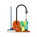Spring cleaning concept. Bucket, brush, rubber gloves, hoover. Vector illustration, flat style