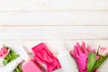 Spring cleaning concept - cleaning products, gloves sponges Royalty Free Stock Photo