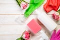 Spring cleaning concept - cleaning products, gloves sponges Royalty Free Stock Photo
