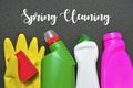 Spring cleaning concept.Colorful set of cleaning supplies with text. Royalty Free Stock Photo