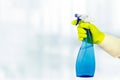 Spring cleaning concept. Hand Holding Spray Bottle. Woman holding bottle of detergent on white background. General or regular Royalty Free Stock Photo