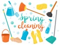 Spring cleaning concept. Set with cleaning supplies, bottles, brush, spray, sponge and gloves. Housework concept Royalty Free Stock Photo