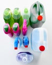 Spring-cleaning essentials. Studio shot of various bottles of detergents against a grey background.