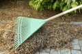 Spring cleaning in the garden. Raking dry leaves Royalty Free Stock Photo