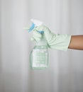 Spring cleaning, hands and bottle with chemical spray, eco friendly product and disinfection of bacteria, dirt and Royalty Free Stock Photo