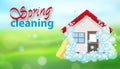Spring cleaning house background nature. Services cleaning. Poster or banner with soap bubbles and home. Vector