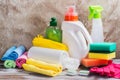 Spring cleaning of house. Cleaning supplies set Royalty Free Stock Photo