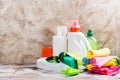 Spring cleaning of house. Cleaning supplies set Royalty Free Stock Photo