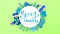 Spring Cleaning Illustration Over Different Clean Tools On Green Background
