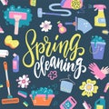 Spring Cleaning Lettering Decorating with Equipment, Housework, Appliance, Domestic Tools pattern. Season cleanup. Flat