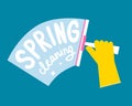 Spring cleaning lettering. Hand in glove cleans window with squeegee.