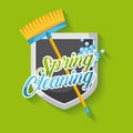 Spring cleaning poster with broom shield emblem clean bubbles