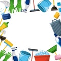Spring cleaning supplies border tools of housecleaning background