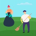 Spring cleaning. Vector illustration of a guy and a girl cleaning, removing garbage, taking care of the environment