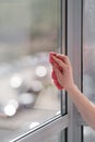 Spring-cleaning. Wash the windows manually. Royalty Free Stock Photo
