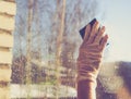 Spring cleaning - cleaning windows. Women`s hands wash the window, cleaning Royalty Free Stock Photo