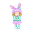 Spring clip art cartoon girl in hat with ears and curly hair like bunny or rabbit For spring greeting card, seasonal promo banner Royalty Free Stock Photo