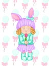 Spring clip art cartoon girl in hat with ears and curly hair like bunny or rabbit For spring greeting card, seasonal promo banner Royalty Free Stock Photo