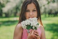 Spring closeup outdoor portrait of adorable 11 years old preteen kid girl Royalty Free Stock Photo