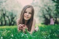 Spring closeup outdoor portrait of adorable 11 years old preteen kid girl Royalty Free Stock Photo