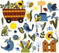 Spring collection, bird, gardening instruments, fairytale garden wheelbarrow with wildflowers and sunflower, watering