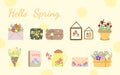 Spring collection with different flower colourful elements. bouquet, cute floral envelope, gift, picture frame.