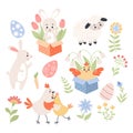 Spring collection. Easter animals, rabbit with tulips, chicken in box, couple poultry and cute sheep, eggs and flowers