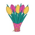 Spring colorful bouquet of tulips in wrapping paper in trendy bright shades. Sticker. Icon. isolate