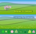 Spring is coming.The beginning of spring.Concept change of seasons. Paper cut style. Green spring meadow with blossoming tree, ba