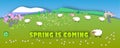 Spring is coming.The beginning of spring.Concept change of seasons.Paper cut style.Green spring meadow with blossoming
