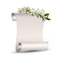 Spring is coming. Spring floral banner with Scroll blank paper and blooming white cherry flowers