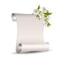 Spring is coming. Spring floral banner with Scroll blank paper and blooming white cherry flowers