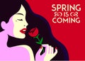 Spring is coming pretty elegant fashion girl smelling rose flower minimal flat design vector illustration