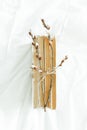 Spring is coming. Reading concept with vintage books on white background with pussy willow twig. Flat lay. Cozy home