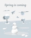 Spring is coming. Snowman melts. Vector illustration for a book, booklet or magazine. Royalty Free Stock Photo