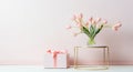 Spring composition with bouquet of pink white tulips and gift boxes on a pastel background