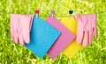 Spring composition with kitchen rags and rubber gloves hanging on a clothesline against the backdrop of green grass. Spring