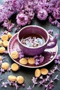 Still life with  lilac flowers and tea with cookies Royalty Free Stock Photo